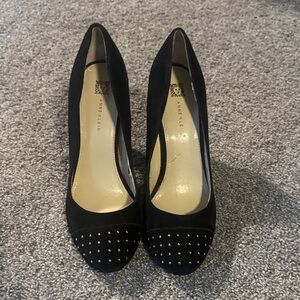 Anne Klein Black Suede Studded Round-Toe Pumps